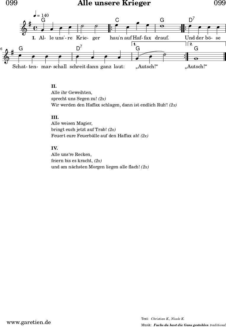 
\header{
  dedication = "🏰099"
  title = "Alle unsere Krieger"
  subtitle = ""
  subsubtitle = "Fuchs du hast die Gans gestohlen"
  poet = ""
  meter = "Christian K., Nicole K."
  composer = ""
  arranger = "traditional"
}

myMusic = {
  <<

    \chords {
      \germanChords
      \set chordChanges=##t
      \set Staff.midiInstrument="french horn"
      \set Staff.midiMaximumVolume = #0.4
      f1 | f1 |
      \repeat volta 2 {
        bes1 | f1 |
      }
      \repeat volta 2 {
        c1:7 | f1 |
        c1:7 |
      }
      \alternative {
        { f1 | }
        { f1 | }
      }        
      \fine
    }
    
    \relative c' {
      \time 4/4
      \key f \major
      \tempo 4=140
      \set Staff.midiInstrument="trumpet"
      f4 g4 a4 bes4 | c2 c2 |
      \repeat volta 2 {
        d4 bes4 f'4 d4 | c1 |
      }
      \repeat volta 2 {
        c4 bes4 bes4 bes4 | bes4 a4 a4 a4 |
        a4 g4 a4 g4 |
      }
      \alternative {
        { f4( a4 c2) | }
        { f,1 | }
      }
      \fine
    }   
    \addlyrics {
      \set stanza = "I. "
      Al- le uns'- re Krie- ger
      hau'n auf Haf- fax drauf.
      Und der bö- se Schat- ten- mar- schall
      schreit dann ganz laut: „Autsch!“
      „Autsch!“
    }
  >>
}

\score {
  \transpose f g {
    \myMusic
  }
  \layout { }
}

\markup {
  \fill-line {
    \hspace #1
    \column {
      \vspace #1
      \line { \bold { II. } }
      \line { Alle ihr Geweihten, }
      \line { sprecht uns Segen zu! \italic { (2x) } }
      \line { Wir werden den Haffax schlagen, dann ist endlich Ruh‘! \italic { (2x) } }
      \vspace #1
      \line { \bold { III. } }
      \line { Alle weisen Magier, }
      \line { bringt euch jetzt auf Trab! \italic { (2x) } }
      \line { Feuert eure Feuerbälle auf den Haffax ab! \italic { (2x) } }
      \vspace #1
      \line { \bold { IV. } }
      \line { Alle uns‘re Recken, }
      \line { feiern bis es kracht, \italic { (2x) } }
      \line { und am nächsten Morgen liegen alle flach! \italic { (2x) } }
    }
    \hspace #1
  }
}


\score {
  \unfoldRepeats
  \transpose f g {
    \myMusic
   }
  \midi { }
}
