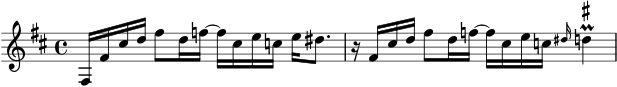 \version "2.10.25"
\paper {
print-page-number=##f
}
\header{
title=""
subtitle=""
poet=""
composer=""
tagline=""
}
\score {
\relative {
\key d \major
\set Staff.midiInstrument="Clarinet"
fis16
fis'16 cis'16 d16
fis8 d16 f16~
f16 cis16 e16 c16
e16 dis8.
r16
fis,16 cis'16 d16
fis8 d16 f16~
f16 cis16 e16 c16
\grace dis16 d4^\prall^\markup { \sharp }
}
\layout { }
\midi { }
}