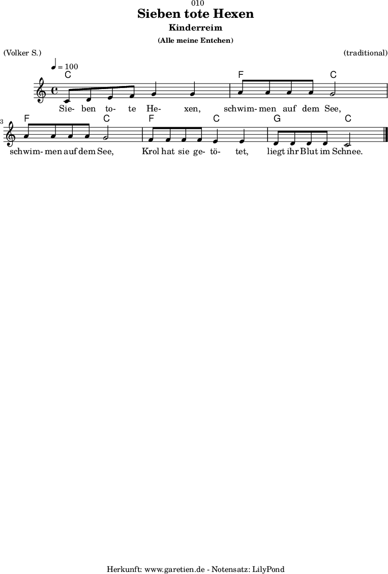 
\version "2.18.2"
 
\paper {
  print-page-number = ##f
}

\header{
  dedication = "🏰010"
  title = "Sieben tote Hexen"
  subtitle = "Kinderreim"
  subsubtitle = "(Alle meine Entchen)"
  meter = "(Volker S.)"
  arranger = "(traditional)"
  tagline = "🏰 Herkunft: www.garetien.de - Notensatz: LilyPond 🏰"
}


myMusic = {
  <<

  
    \chords {
      \germanChords
      \set chordChanges=##t
       c2 c2
       f2 c2
       f2 c2
       f2 c2
       g2 c2
    }
    
    \relative c' {
      \time 4/4
      \tempo 4=100
      \key c \major
      c8 d8 e8 f8 g4 g4 | 
      a8 a8 a8 a8 g2 |
      a8 a8 a8 a8 g2 |
      f8 f8 f8 f8 e4 e4 |
      d8 d8 d8 d8 c2 \bar "|."
    }
  
    \addlyrics {
      Sie- ben to- te He- xen,
      schwim- men auf dem See,
      schwim- men auf dem See,
      Krol hat sie ge- tö- tet,
      liegt ihr Blut im Schnee.
    }

  >>
}

\score {
  \myMusic
  \layout { }
}

\score {
  \unfoldRepeats {
    \myMusic
  }
  \midi { }
}
