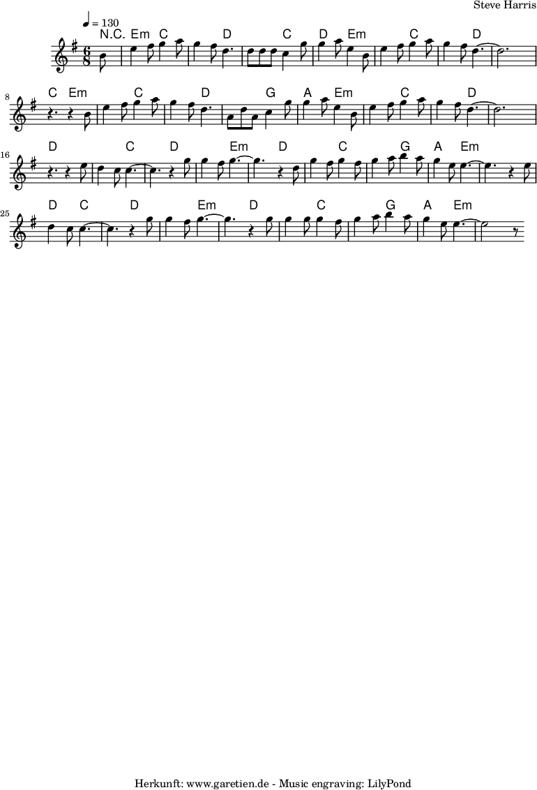 
 \version "2.10.25"
 
 \paper {
  print-page-number=##f
 }

 \header{
  title=""
  subtitle=""
  poet=""
  composer="Steve Harris"
  tagline="Herkunft: www.garetien.de - Music engraving: LilyPond"
 }
 
myMusic = {
  <<
   
   \context ChordNames {
    \set chordChanges=##t
    \chordmode {
     r8
     e4.:m c4. c4. d4.
     d4. c4. d4. e4.:m
     e4.:m c4. c4. d4.
     d4. d4. c4. e4.:m

     e4.:m c4. c4. d4.
     d4. g4. a4. e4.:m
     e4.:m c4. c4. d4.
     d4. d4. d4. d4.

     d4. c4. c4. d4.
     d4. e4.:m e4.:m d4.
     d4. c4. c4. g4.
     a4. e4.:m e4.:m e4.:m

     d4. c4. c4. d4.
     d4. e4.:m e4.:m d4.
     d4. c4. c4. g4.
     a4. e4.:m e4.:m e4.:m

    }
   } 

   \relative {
   \time 6/8
   \partial 8
   \tempo 4=130
    \key e \minor
    \set Staff.midiInstrument="Clarinet"
    b'8 |
    e4 fis8 g4 a8 | g4 fis8 d4. |
    d8 d8 d8 c4 g'8 | g4 a8 e4 b8 | 
    e4 fis8 g4 a8 | g4 fis8 d4.~ |
    d2. | r4. r4

    b8 |
    e4 fis8 g4 a8 | g4 fis8 d4. |
    a8 d8 a8 c4 g'8 | g4 a8 e4 b8 | 
    e4 fis8 g4 a8 | g4 fis8 d4.~ |
    d2. | r4. r4
    
    e8 |
    d4 c8 c4.~ | c4. r4 g'8 |
    g4 fis8 g4.~ | g4. r4 d8 |
    g4 fis8  g4 fis8 | g4 a8 b4 a8 |
    g4 e8 e4.~ | e4. r4

    e8 |
    d4 c8 c4.~ | c4. r4 g'8 |
    g4 fis8 g4.~ | g4. r4 g8 |
    g4 g8 g4 fis8 | g4 a8 b4 a8 |
    g4 e8 e4.~ | e2 r8 

   }
 >>
 }
\score {
  \myMusic
  \layout { }
}


\score {
  \unfoldRepeats {
    \myMusic
  }
  \midi { }
}
