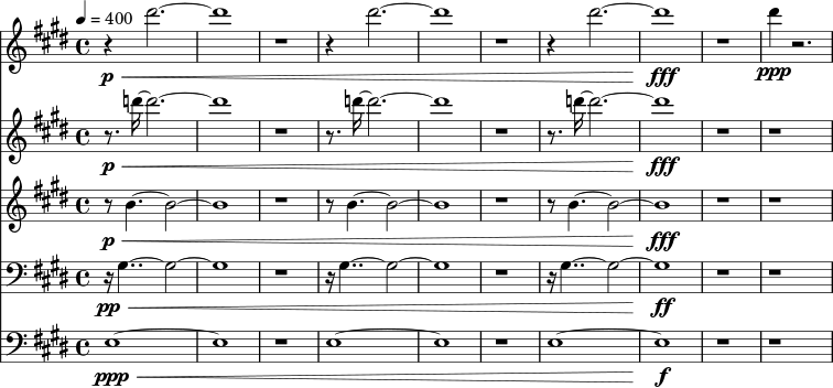 
  <<
    \new Staff <<
    \relative c''' {
      \time 4/4
      \tempo 4=400
      \key e \major
      \set Staff.midiInstrument="soprano sax"
      r4\p\< dis2.~ | dis1 | r1 |
      r4 dis2.~ | dis1 | r1 |
      r4 dis2.~ | dis1\fff | r1 |
      dis4\ppp r2. |
    }
    >>
    \new Staff <<
    \relative c''' {
      \time 4/4
      \tempo 4=400
      \key e \major
      \set Staff.midiInstrument="soprano sax"
      r8.\p\< d16~ d2.~ | d1 | r1 |
      r8. d16~ d2.~ | d1 | r1 |
      r8. d16~ d2.~ | d1\fff | r1 |
      r1 |
    }
    >>
    \new Staff <<    
    \relative c'' {
      \key e \major
      \set Staff.midiInstrument="alto sax"
      r8\p\< b4.~ b2~ | b1 | r1 |
      r8 b4.~ b2~ | b1 | r1 |
      r8 b4.~ b2~ | b1\fff | r1 |
      r1 |
    }
    >>
    \new Staff <<    
    \relative c' {
      \key e \major
      \clef bass
      \set Staff.midiInstrument="tenor sax"
      r16\pp \< gis4..~ gis2~ | gis1 | r1 |
      r16 gis4..~ gis2~ | gis1 | r1 |
      r16 gis4..~ gis2~ | gis1\ff | r1 |
      r1 |
    }
    >>
    \new Staff <<    
    \relative c {
      \key e \major
      \clef bass
      \set Staff.midiInstrument="baritone sax"
      e1~\ppp \< | e1 | r1 |
      e1~ | e1 | r1 |
      e1~ | e1\f | r1 |
      r1 |
    }
    >>
  >>

