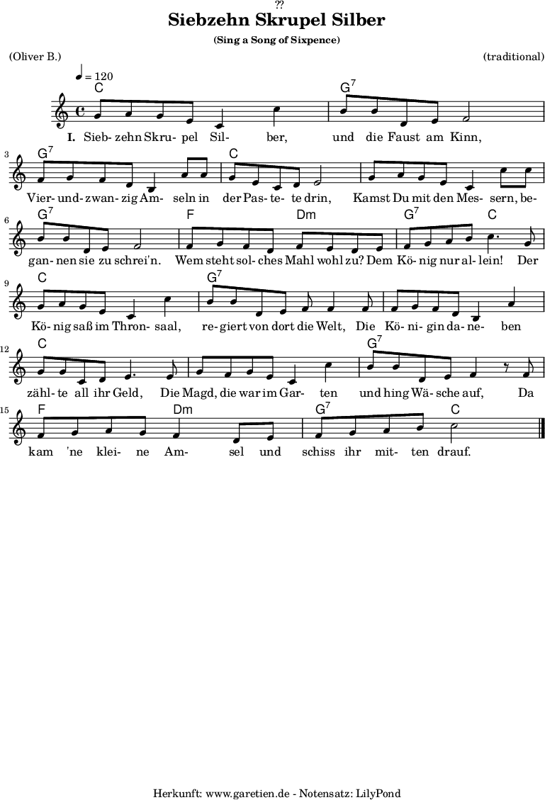 
\version "2.18.2"

\paper {
  print-page-number = ##f
}

\header{
  dedication = "🏰??"
  title = "Siebzehn Skrupel Silber"
  subsubtitle = "(Sing a Song of Sixpence)"
  meter = "(Oliver B.)"
  arranger = "(traditional)"
  tagline = "🏰 Herkunft: www.garetien.de - Notensatz: LilyPond 🏰"
}

myMusic = {
  <<
    \chords {
      \germanChords
      \set chordChanges=##t
      c1 g1:7
      g1:7 c1
      c1 g1:7
      f2 d2:m g2:7 c2
      c1 g1:7
      g1:7 c1
      c1 g1:7
      f2 d2:m g2:7 c2
    }  
  
    \relative c'' {
    \time 4/4
    \tempo 4=120
      \key c \major
      g8 a8 g8 e8 c4 c'4 | b8 b8 d,8 e8 f2 |
      f8 g8 f8 d8 b4 a'8 a8 | g8 e8 c8 d8 e2 |
      g8 a8 g8 e8 c4 c'8 c8 | b8 b8 d,8 e8 f2 |
      f8 g8 f8 d8 f8 e8 d8 e8 | f8 g8 a8 b8 c4.
      g8 | g8 a8 g8 e8 c4 c'4 | b8 b8 d,8 e8 f8 f4
      f8 | f8 g8 f8 d8 b4 a'4 | g8 g8 c,8 d8 e4.
      e8 | g8 f8 g8 e8 c4 c'4 | b8 b8 d,8 e8 f4 r8
      f8 | f8 g8 a8 g8 f4 d8 e8 | f8 g8 a8 b8 c2 \bar "|."
    }

    \addlyrics {
      \set stanza = "I. "
      Sieb- zehn Skru- pel Sil- ber, und die Faust am Kinn,
      Vier- und- zwan- zig Am- seln in der Pas- te- te drin,
      Kamst Du mit den Mes- sern, be- gan- nen sie zu schrei'n.
      Wem steht sol- ches Mahl wohl zu? Dem Kö- nig nur al- lein!
      Der Kö- nig saß im Thron- saal, re- giert von dort die Welt,
      Die Kö- ni- gin da- ne- ben zähl- te all ihr Geld,
      Die Magd, die war im Gar- ten und hing Wä- sche auf,
      Da kam 'ne klei- ne Am- sel und schiss ihr mit- ten drauf.
    
    }
  >>
}

\score {
  \myMusic
  \layout { }
}

\score {
  \unfoldRepeats {
    \myMusic
  }
  \midi { }
}
