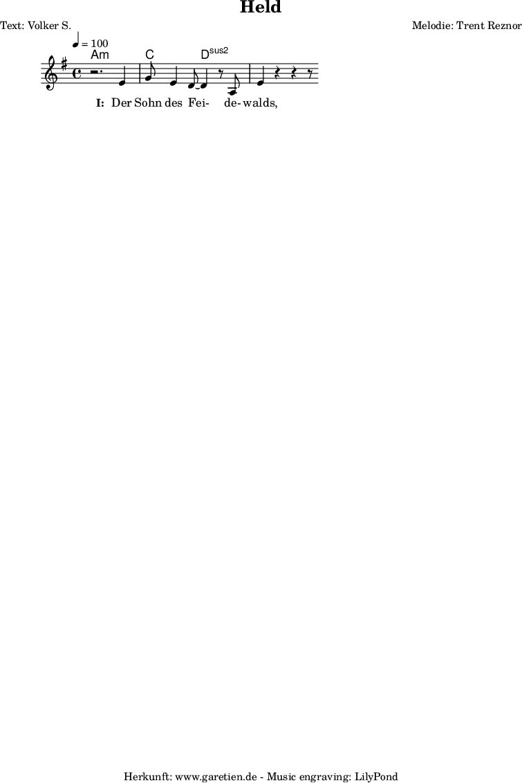 
 \version "2.10.25"
 
 \paper {
  print-page-number=##f
 }

 \header{
  title="Held"
  subtitle=""
  poet="Text: Volker S."
  composer="Melodie: Trent Reznor"
  tagline="Herkunft: www.garetien.de - Music engraving: LilyPond"
 }
 
 \score {
  <<

   \context ChordNames {
    \set chordChanges=##t
    \chordmode {
     \set Staff.midiInstrument="Fiddle"
     \germanChords
     a1:m c2 d2:sus2 
    }
   } 

   \relative {
    \key g \major
    \time 4/4
    \tempo 4=100
    \set Staff.midiInstrument="Fiddle"
     r2. e'4 g8 e4 d8~ d4 r8 a8 e'4 r4 r4 r8
   }
   \addlyrics {
    \set stanza = "I: "
    Der Sohn des Fei- de- walds,
   }
  >>

  \layout { }
  \midi { }
 }
