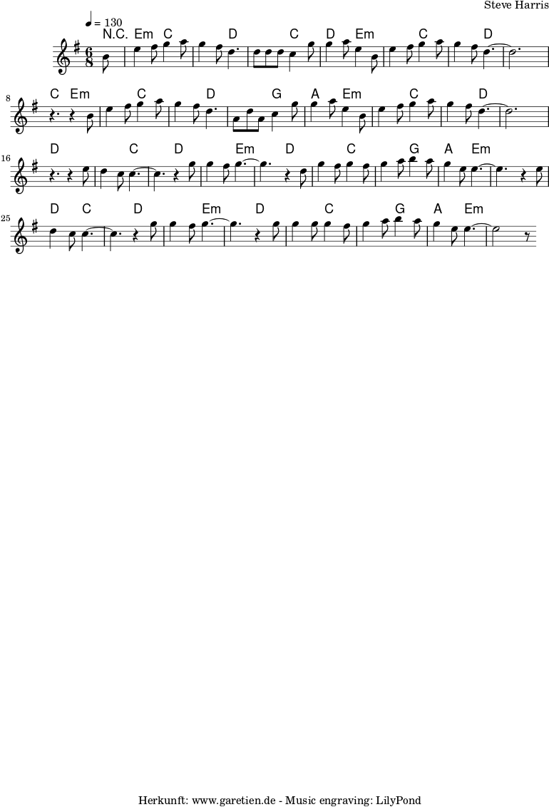 \version "2.10.25"
\paper {
print-page-number=##f
}
\header{
title=""
subtitle=""
poet=""
composer="Steve Harris"
tagline="Herkunft: www.garetien.de - Music engraving: LilyPond"
}
myMusic = {
<<
\context ChordNames {
\set chordChanges=##t
\chordmode {
r8
e4.:m c4. c4. d4.
d4. c4. d4. e4.:m
e4.:m c4. c4. d4.
d4. d4. c4. e4.:m
e4.:m c4. c4. d4.
d4. g4. a4. e4.:m
e4.:m c4. c4. d4.
d4. d4. d4. d4.
d4. c4. c4. d4.
d4. e4.:m e4.:m d4.
d4. c4. c4. g4.
a4. e4.:m e4.:m e4.:m
d4. c4. c4. d4.
d4. e4.:m e4.:m d4.
d4. c4. c4. g4.
a4. e4.:m e4.:m e4.:m
}
}
\relative {
\time 6/8
\partial 8
\tempo 4=130
\key e \minor
\set Staff.midiInstrument="Clarinet"
b'8 |
e4 fis8 g4 a8 | g4 fis8 d4. |
d8 d8 d8 c4 g'8 | g4 a8 e4 b8 |
e4 fis8 g4 a8 | g4 fis8 d4.~ |
d2. | r4. r4
b8 |
e4 fis8 g4 a8 | g4 fis8 d4. |
a8 d8 a8 c4 g'8 | g4 a8 e4 b8 |
e4 fis8 g4 a8 | g4 fis8 d4.~ |
d2. | r4. r4
e8 |
d4 c8 c4.~ | c4. r4 g'8 |
g4 fis8 g4.~ | g4. r4 d8 |
g4 fis8 g4 fis8 | g4 a8 b4 a8 |
g4 e8 e4.~ | e4. r4
e8 |
d4 c8 c4.~ | c4. r4 g'8 |
g4 fis8 g4.~ | g4. r4 g8 |
g4 g8 g4 fis8 | g4 a8 b4 a8 |
g4 e8 e4.~ | e2 r8
}
>>
}
\score {
\myMusic
\layout { }
}
\score {
\unfoldRepeats {
\myMusic
}
\midi { }
}