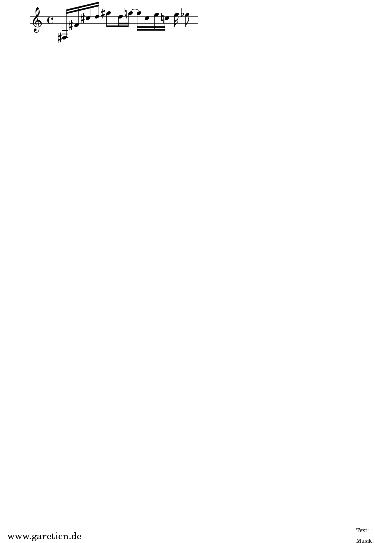 \version "2.10.25"
\paper {
print-page-number=##f
}
\header{
title=""
subtitle=""
poet=""
composer=""
tagline=""
}
\score {
\relative {
\key c \major
\set Staff.midiInstrument="Clarinet"
fis16 fis'16 cis'16 d16
fis8 d16 f16~
f16 cis16 e16 c16
e16 ees8
}
}
\layout { }
\midi { }