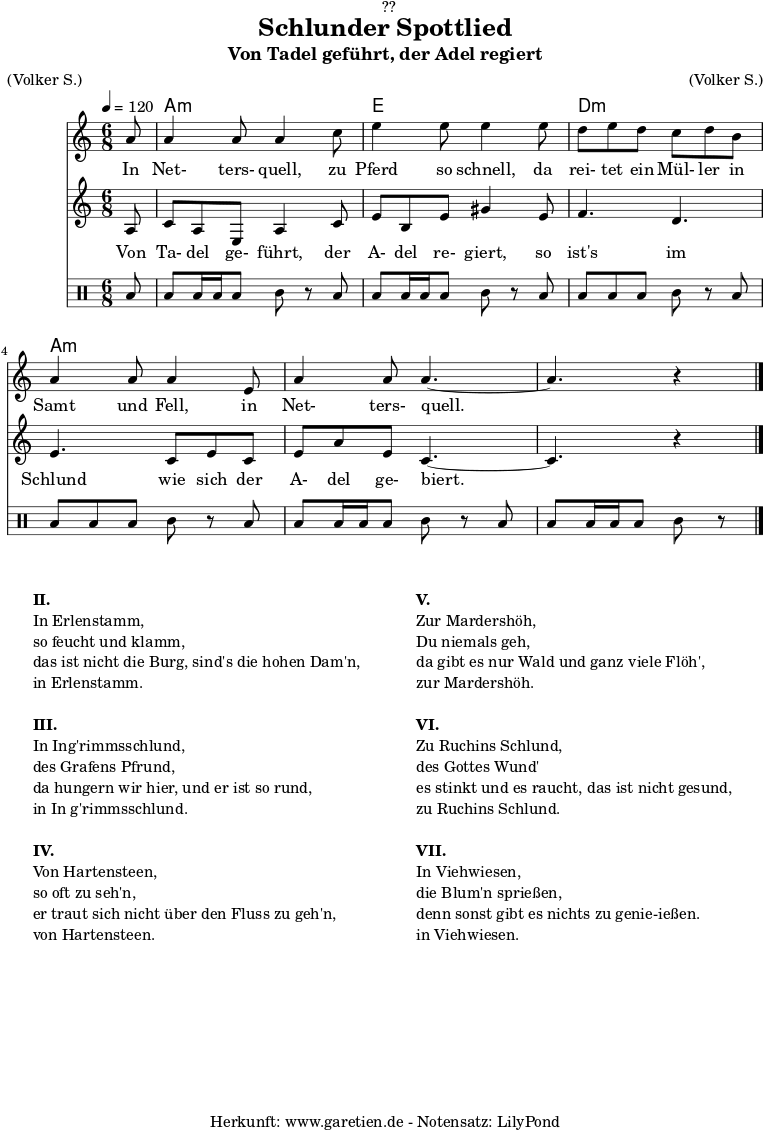 
\version "2.18.2"
 
\paper {
  print-page-number = ##f
}

\header{
  dedication = "🏰??"
  title = "Schlunder Spottlied"
  subtitle = "Von Tadel geführt, der Adel regiert"
  meter = "(Volker S.)"
  arranger = "(Volker S.)"
  tagline = "🏰 Herkunft: www.garetien.de - Notensatz: LilyPond 🏰"
}
myMusic = {
  <<

    \chords {
      \germanChords
      \set chordChanges=##t
      \set Staff.midiInstrument="acoustic guitar (nylon)"
      s8 | c2.:m | g2. | f2.:m | c2.:m  | c2.:m | c2:m 
    }

    \relative c' {
    \time 6/8
    \partial 8
    \tempo 4=120
     \key c \minor
     \clef "treble"
     \set Staff.midiInstrument="Oboe"
      c'8 c4 c8 c4
      es8 g4 g8 g4
      g8 f8 g8 f8 es8 f8 d8 c4 c8 c4
      g8 c4 c8 c4.~
      c4. r4 \bar "|."
    }

    \addlyrics {
      In Net- ters- quell,
      zu Pferd so schnell,
      da rei- tet ein Mül- ler in Samt und Fell,
      in Net- ters- quell.
    }

    \relative c' {
      \key c \minor
      \clef "treble"
      \set Staff.midiInstrument="Flute"
      c8
      es8 c8 g8 c4 es8
      g8 d8 g8 b4 g8 
      aes4. f4.
      g4. es8 g8 es8
      g8 c8 g8 es4.~
      es4. r4
    }

    \addlyrics {
      Von Ta- del ge- führt,
      der A- del re- giert,
      so ist's im Schlund
      wie sich der A- del ge- biert.
    }
    
    \drums {
      toml8 toml8 toml16 toml16 toml8 tomml8 r8
      toml8 toml8 toml16 toml16 toml8 tomml8 r8
      toml8 toml8 toml8 toml8 tomml8 r8
      toml8 toml8 toml8 toml8 tomml8 r8
      toml8 toml8 toml16 toml16 toml8 tomml8 r8
      toml8 toml8 toml16 toml16 toml8 tomml8 r8
    }
  >>
}

\score {
  \transpose c a, {
    \myMusic
  }
  \layout { }
}

\markup {
  \fill-line {
    \hspace #1
    \column {
      \line { \bold { II.} }
      \line { In Erlenstamm, }
      \line { so feucht und klamm, }
      \line { das ist nicht die Burg, sind's die hohen Dam'n, }
      \line { in Erlenstamm. }
      \vspace #1
      \line { \bold { III.} }
      \line { In Ing'rimmsschlund, }
      \line { des Grafens Pfrund, }
      \line { da hungern wir hier, und er ist so rund, }
      \line { in In g'rimmsschlund. }
      \vspace #1
      \line { \bold { IV.} }
      \line { Von Hartensteen, }
      \line { so oft zu seh'n, }
      \line { er traut sich nicht über den Fluss zu geh'n, }
      \line { von Hartensteen. }
    }
    \hspace #2
    \column {
      \line { \bold { V.} }
      \line { Zur Mardershöh, }
      \line { Du niemals geh, }
      \line { da gibt es nur Wald und ganz viele Flöh', }
      \line { zur Mardershöh. }
      \vspace #1
      \line { \bold { VI.} }
      \line { Zu Ruchins Schlund, }
      \line { des Gottes Wund' }
      \line { es stinkt und es raucht, das ist nicht gesund, }
      \line { zu Ruchins Schlund. }
      \vspace #1
      \line { \bold { VII.} }
      \line { In Viehwiesen, }
      \line { die Blum'n sprießen, }
      \line { denn sonst gibt es nichts zu genie-ießen.  }
      \line { in Viehwiesen. }
    }
    \hspace #1
  }
}

\score {
  \unfoldRepeats {
    \transpose c a, {
      \myMusic
    }
  }
  \midi { }
}
