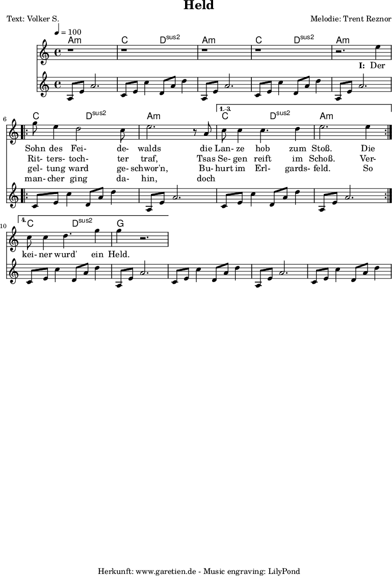 
 \version "2.10.25"
 
 \paper {
  print-page-number=##f
 }

 \header{
  title="Held"
  subtitle=""
  poet="Text: Volker S."
  composer="Melodie: Trent Reznor"
  tagline="Herkunft: www.garetien.de - Music engraving: LilyPond"
 }
 
 \score {
  <<

   \context ChordNames {
    \set chordChanges=##t
    \chordmode {
     \set Staff.midiInstrument="Piano"
     \germanChords
     a1:m c2 d2:sus2 
     a1:m c2 d2:sus2 
     a1:m 
     \repeat volta 4 {
      c2 d2:sus2 a1:m
     } 
     \alternative {
      { c2 d2:sus2 a1:m } 
      { c2 d2:sus2 g1 } 
     }
    }
   } 

   \relative {
    \key a \minor
    \time 4/4
    \tempo 4=100
    \set Staff.midiInstrument="Fiddle"
     r1 r1
     r1 r1 r2.
     e''4 
     \repeat volta 4 {
      g8 e4 d2 c8 e2. r8 a,8 
     }
     \alternative {
      { c8 c4 c4. d4 e2. e4 }
      { c8 c4 d4. g4 g4 r2. }
     }
   }
   \addlyrics {
    \set stanza = "I: "
    Der Sohn des Fei- de- walds
    die Lan- ze hob zum Stoß. Die
   }
   \addlyrics {
    \skip 1 Rit- ters- toch- ter traf,
    Tsas Se- gen reift im Schoß. Ver-
   }
   \addlyrics {
    \skip 1 gel- tung ward ge- schwor'n,
    Bu- hurt im Erl- gards- feld. So
   }
   \addlyrics {
    \skip 1 man- cher ging da- hin,
    doch \skip 1 \skip 1 \skip 1 \skip 1 \skip 1 \skip 1 kei- ner wurd' ein Held.
   }
   \relative {
    \key a \minor
    \time 4/4
    \tempo 4=100
    \set Staff.midiInstrument="Guitar"
     a8 e'8 a2.   c,8 e8 c'4   d,8 a'8 d4
     a,8 e'8 a2.   c,8 e8 c'4   d,8 a'8 d4
     a,8 e'8 a2.   c,8 e8 c'4   d,8 a'8 d4
     a,8 e'8 a2.   c,8 e8 c'4   d,8 a'8 d4
     a,8 e'8 a2.   c,8 e8 c'4   d,8 a'8 d4
     a,8 e'8 a2.   c,8 e8 c'4   d,8 a'8 d4
     a,8 e'8 a2.   c,8 e8 c'4   d,8 a'8 d4
   }

  >>

  \layout { }
  \midi { }
 }
