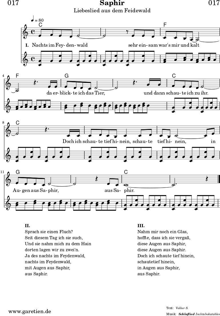 \version "2.18.2"
\paper {
print-page-number = ##f
}
\header{
dedication = "🏰017"
title = "Saphir"
subtitle = "Liebeslied aus dem Feidewald"
subsubtitle = "Schlaflied"
meter = "Volker S."
arranger = "Inchtabokatables"
}
beglc={<<c,8 g'8>> g8 <<e'8 g,8>> g8}
beglf={<<f8 a8>> a8 <<c8 a8>> a8}
beglg={<<g8 b8>> b8 <<d8 b8>> b8}
beglcv={\beglc \beglc \beglc \beglc }
beglfv={\beglf \beglf \beglf \beglf }
beglgv={\beglg \beglg \beglg \beglg }
myMusic = {
<<
\chords {
\germanChords
\set chordChanges=##t
c1 c1 f1 f1 g1 g1 c1 c1 c1 c1 g1 g1 c1 c1
}
\relative c' {
\time 4/4
\tempo 4=80
\key c \major
\clef "treble"
\set Staff.midiInstrument="Oboe"
e8 f8 e8 d8 e2~ e2 r8
e8 e8 d8 c8 c8 b8 a8~ a2~ a2 r4.
e'16 e16 e8 d8 d8 c8 d2~ d2 r4.
g16 g16 f8 e8 e8 d8 e2~ e2 r4.
c16 c16 c8 d8 c8 b8 c4
c8 d8 c8 b8 c2~ c8
e8 e8 d8 d8 c8 d2~ d2 r4
d8 c8 c1~ c2. r4 \fine
}
\addlyrics {
\set stanza = "I. "
Nachts im Fey- den- wald
sehr ein- sam war's mir und kalt
da er- blick- te ich das Tier,
und dann schau- te ich zu ihr.
Doch ich schau- te tief hi- nein,
schau- te tief hi- nein,
in Au- gen aus Sa- phir,
aus Sa- phir.
}
\relative c'' {
\key c \major
\clef "treble"
\set Staff.midiInstrument="Pizzicato Strings"
\beglcv \beglfv \beglgv \beglcv
\beglcv \beglgv \beglcv
}
>>
}
\score {
\myMusic
\layout { }
}
\markup {
\fill-line {
\hspace #1
\column {
\line { \bold {II.} }
\line { Sprach sie einen Fluch? }
\line { Seit diesem Tag ich sie such, }
\line { Und sie nahm mich zu dem Hain }
\line { dorten lagen wir zu zwei'n. }
\line { Ja des nachts im Feydenwald, }
\line { nachts im Feydenwald, }
\line { mit Augen aus Saphir, }
\line { aus Saphir. }
}
\hspace #2
\column {
\line { \bold {III.} }
\line { Nahm mir noch ein Glas, }
\line { hoffte, dass ich sie vergaß, }
\line { diese Augen aus Saphir, }
\line { diese Augen aus Saphir. }
\line { Doch ich schaute tief hinein, }
\line { schautetief hinein, }
\line { in Augen aus Saphir, }
\line { aus Saphir. }
}
\hspace #1
}
}
\score {
\unfoldRepeats {
\myMusic
}
\midi { }
}