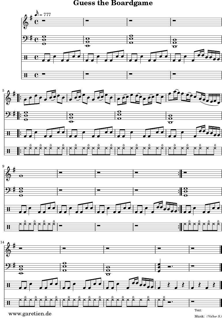 \version "2.18.2"
\paper {
print-page-number=##f
}
\header{
dedication=""
title="Guess the Boardgame"
subtitle=""
subsubtitle=""
meter=""
arranger="(Volker S.)"
tagline=""
}
myMusic = {
<<
\new Staff <<
\relative c'' {
\time 4/4
\key g \major
\set Staff.midiInstrument="distorted guitar"
\set Staff.midiMinimumVolume = 0.5
\set Staff.midiMaximumVolume = 1.0
\tempo 16=777
r1 |
r1 |
r1 |
r1 |
\repeat volta 4 {
g8 b8 d8 b8 g8 b16( c16) d8 b8 |
g8 b16( c16) e8 b8 g8 b16( c16) e8 b8 |
a8 b16( c16) e8 d16( c16) a8 b16( c16) e8 c8 |
fis8 a16( g16) fis8 e16( d16) c8 a16( g16 fis16 e16 fis16 d16) |
g1 |
r1 |
r1 |
r1 |
}
r1 |
r1 |
r1 |
r1 |
r1 |
r1 \bar "|."
}
>>
\new Staff <<
\relative c {
\time 4/4
\key g \major
\clef bass
\set Staff.midiInstrument="distorted guitar"
\set Staff.midiMinimumVolume = 0.1
\set Staff.midiMaximumVolume = 0.6
<g d' g>1 |
<e b' e>1 |
<a e' a>1 |
<d, a' d>1 |
\repeat volta 4 {
<g d' g>1 |
<e b' e>1 |
<a e' a>1 |
<d, a' d>1 |
<g d' g>1 |
r1 |
r1 |
r1 |
}
<g d' g>1 |
<e b' e>1 |
<a e' a>1 |
<d, a' d>1 |
<g d' g>4 r2. |
r1 |
}
>>
\drums {
\set Staff.midiMinimumVolume = 0.5
\set Staff.midiMaximumVolume = 1.0
bd8 bd8 sn4 bd8 bd8 sn8 sn8 |
bd8 bd8 sn4 bd8 bd8 sn8 sn8 |
bd8 bd8 sn4 bd8 bd8 sn8 sn8 |
bd8 bd8 sn4 bd8 tommh16 tommh16 tomml16 tomml16 tomfh16 tomfh16 |
\repeat volta 4 {
bd8 bd8 sn4 bd8 bd8 sn8 sn8 |
bd8 bd8 sn4 bd8 bd8 sn8 sn8 |
bd8 bd8 sn4 bd8 bd8 sn8 sn8 |
bd8 bd8 sn4 bd8 tommh16 tommh16 tomml16 tomml16 tomfh16 tomfh16 |
bd8 bd8 sn4 bd8 bd8 sn8 sn8 |
bd8 bd8 sn4 bd8 bd8 sn8 sn8 |
bd8 bd8 sn4 bd8 bd8 sn8 sn8 |
bd8 bd8 sn4 bd8 tommh16 tommh16 tomml16 tomml16 tomfh16 tomfh16 |
}
bd8 bd8 sn4 bd8 bd8 sn8 sn8 |
bd8 bd8 sn4 bd8 bd8 sn8 sn8 |
bd8 bd8 sn4 bd8 bd8 sn8 sn8 |
bd8 bd8 sn4 bd8 tommh16 tommh16 tomml16 tomml16 tomfh16 tomfh16 |
bd4 r4 bd4 r4 |
bd4 r4 bd4 r4 |
}
\drums {
\set Staff.midiMinimumVolume = 0.5
\set Staff.midiMaximumVolume = 1.0
r1 |
r1 |
r1 |
r1 |
\repeat volta 4 {
hh8 hho8 hh8 hho8 hh8 hho8 hh8 hho8 |
hh8 hho8 hh8 hho8 hh8 hho8 hh8 hho8 |
hh8 hho8 hh8 hho8 hh8 hho8 hh8 hho8 |
hh8 hho8 hh8 hho8 hh8 hho8 hh8 hho8 |
hh8 hho8 hh8 hho8 hh8 hho8 hh8 hho8 |
r1 |
r1 |
r1 |
}
hh8 hho8 hh8 hho8 hh8 hho8 hh8 hho8 |
hh8 hho8 hh8 hho8 hh8 hho8 hh8 hho8 |
hh8 hho8 hh8 hho8 hh8 hho8 hh8 hho8 |
hh8 hho8 hh8 hho8 hh8 hho8 hh8 hho8 |
hh8 hho8 r2. |
r1 |
}
>>
}
\score {
\myMusic
\layout { }
}
\score {
\unfoldRepeats {
\myMusic
}
\midi { }
}