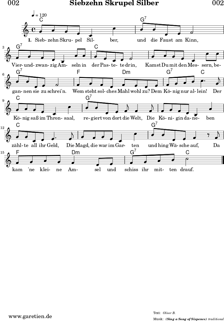 
\header{
  dedication = "🏰002"
  title = "Siebzehn Skrupel Silber"
  subsubtitle = "(Sing a Song of Sixpence)"
  meter = "Oliver B."
  arranger = "traditional"
}

myMusic = {
  <<
    \chords {
      \germanChords
      \set chordChanges=##t
      c1 g1:7
      g1:7 c1
      c1 g1:7
      f2 d2:m g2:7 c2
      c1 g1:7
      g1:7 c1
      c1 g1:7
      f2 d2:m g2:7 c2
    }  
  
    \relative c'' {
    \time 4/4
    \tempo 4=120
      \key c \major
      g8 a8 g8 e8 c4 c'4 | b8 b8 d,8 e8 f2 |
      f8 g8 f8 d8 b4 a'8 a8 | g8 e8 c8 d8 e2 |
      g8 a8 g8 e8 c4 c'8 c8 | b8 b8 d,8 e8 f2 |
      f8 g8 f8 d8 f8 e8 d8 e8 | f8 g8 a8 b8 c4.
      g8 | g8 a8 g8 e8 c4 c'4 | b8 b8 d,8 e8 f8 f4
      f8 | f8 g8 f8 d8 b4 a'4 | g8 g8 c,8 d8 e4.
      e8 | g8 f8 g8 e8 c4 c'4 | b8 b8 d,8 e8 f4 r8
      f8 | f8 g8 a8 g8 f4 d8 e8 | f8 g8 a8 b8 c2 \bar "|."
    }

    \addlyrics {
      \set stanza = "I. "
      Sieb- zehn Skru- pel Sil- ber, und die Faust am Kinn,
      Vier- und- zwan- zig Am- seln in der Pas- te- te drin,
      Kamst Du mit den Mes- sern, be- gan- nen sie zu schrei'n.
      Wem steht sol- ches Mahl wohl zu? Dem Kö- nig nur al- lein!
      Der Kö- nig saß im Thron- saal, re- giert von dort die Welt,
      Die Kö- ni- gin da- ne- ben zähl- te all ihr Geld,
      Die Magd, die war im Gar- ten und hing Wä- sche auf,
      Da kam 'ne klei- ne Am- sel und schiss ihr mit- ten drauf.
    
    }
  >>
}

\score {
  \myMusic
  \layout { }
}

\score {
  \unfoldRepeats {
    \myMusic
  }
  \midi { }
}
